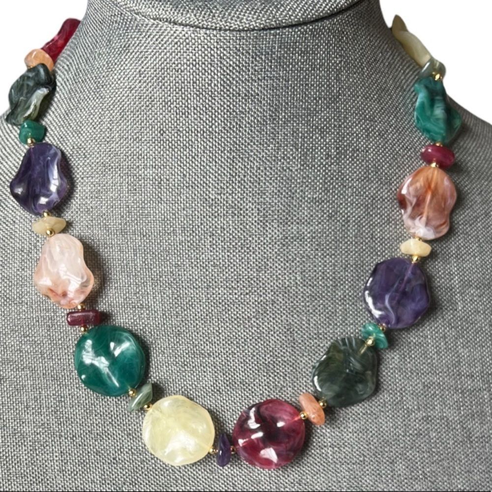 Vintage Lucite Coin Multicolor Swirl Plastic Bead Statement Necklace Retro